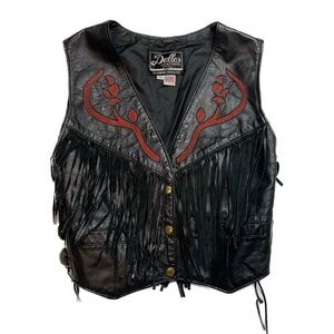 Dallas Leathers Black Leather Fringe Vest with Red Floral Appliqué